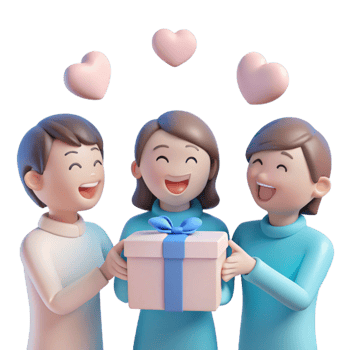 Three Friends Celebrating With a Gift and Hearts png