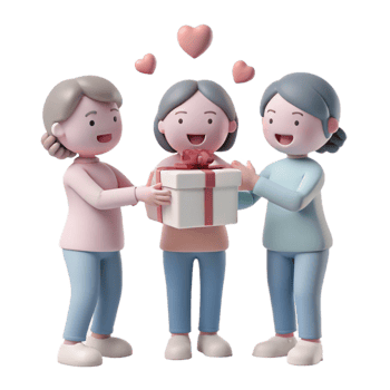 3D Cartoon Characters Celebrating with Gift and Hearts png