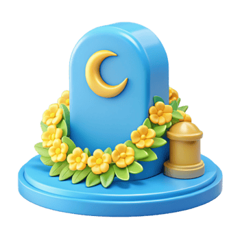 3D Render of a Crescent Moon on a Blue Pillar Decorated with Flowers png