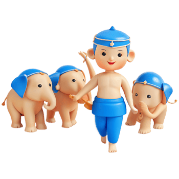Cute Cartoon Boy with Three Baby Elephants png