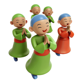 Smiling Cartoon Characters in Traditional Clothing with Hands in Prayer Position png