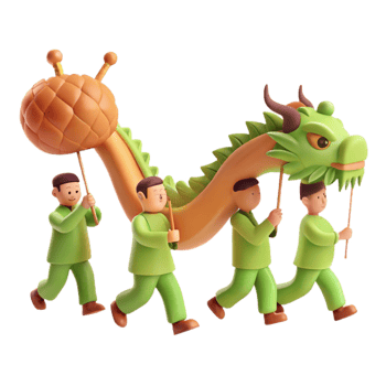 3D Illustration of People Performing a Dragon Dance png