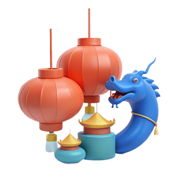 Red Lanterns and a Blue Dragon Festive 3D Illustration png