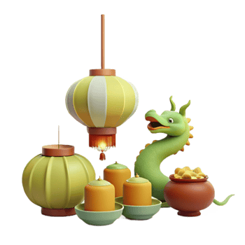 3D Illustration of a Festive Dragon with Lanterns and Pots png