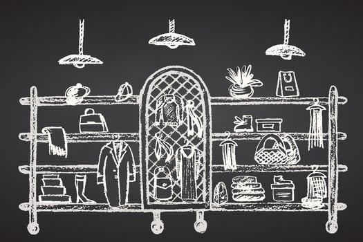 Clothes hanger rack with clothes, accessories and shoes in interior of store, boutique, showroom. Shelves of wardrobe. Hand drawing sketch on chalkboard background. illustration. vector