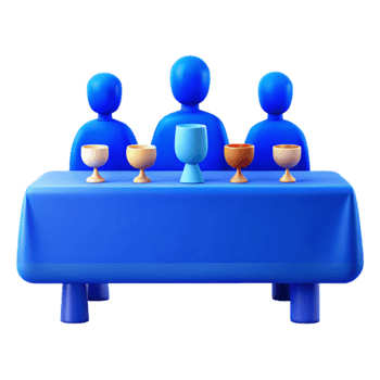 Three People Sitting at a Blue Table with Five Goblets png