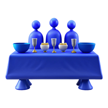 Three People Sitting at a Table with Blue Tablecloth and Gold Cups png