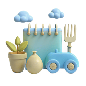 Cute 3D Rendered Illustration of a Tractor, Calendar, Plant, and Fork png