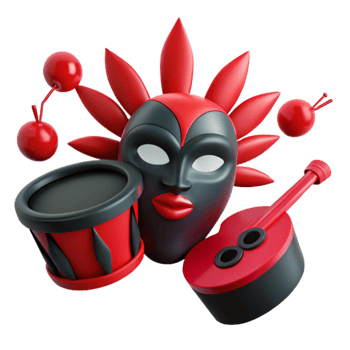 Red and Black Carnival Mask with Drum and Guitar png