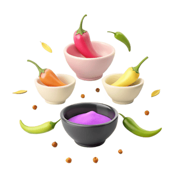 Colorful Chili Peppers in Bowls with Purple Powder and Spices png