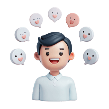 Smiling Cartoon Man Surrounded by Hearts in Speech Bubbles png