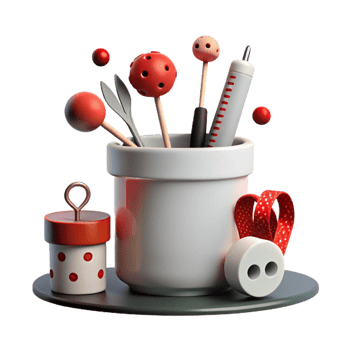 Red and White Polka Dot Sewing Supplies in a White Pot png