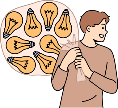 Talented man with lot of ideas in imaginary bag goes to investors for investment for startup. Light bulbs behind happy guy symbolize ideas and innovations awaiting testing and launch. png