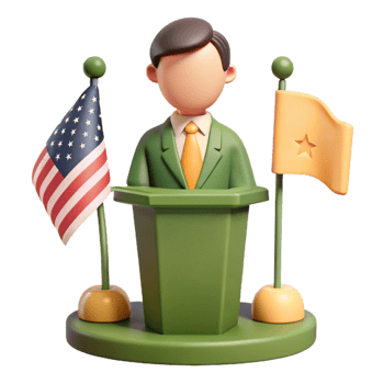3D Cartoon Character Delivering a Speech at a Podium with Flags png