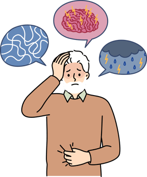 Dementia and alzheimer disease in elderly man experiencing brain confusion and pain in head. Old grandfather needs doctor help due to symptoms of dementia and sensitivity to weather. png