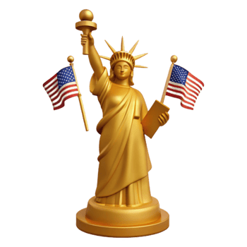 Golden Statue of Liberty with American Flags png