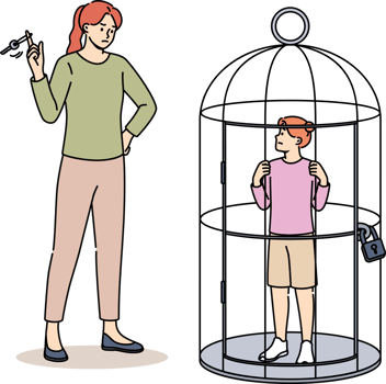 Overprotection and violence against children from woman standing near small cage with daughter png