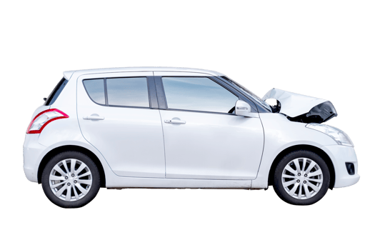 Full body front and side view of white car get damaged by accident on the road. damaged cars after collision. Isolated on transparent background, File png