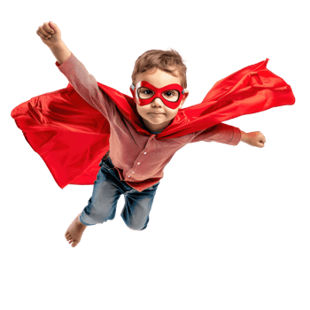 Little boy flying with superhero red cape and mask isolate on transparency background png