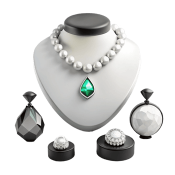 Elegant Pearl Necklace with Green Gemstone Pendant and Diamond Ring png