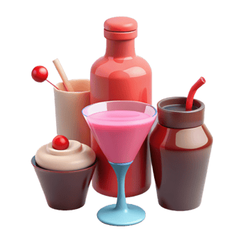 Pink Cocktail, Cupcake, and Bottles in 3D png