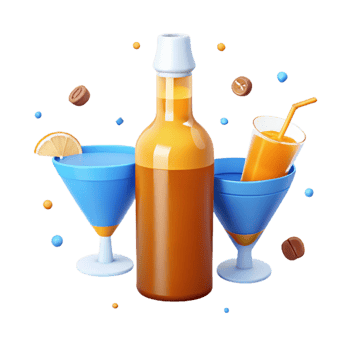 Blue and Orange Drinks with a Bottle and Lemon Wedge png