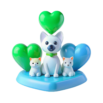 Cute Dog and Cats Sitting on a Heart-Shaped Platform Surrounded by Hearts png