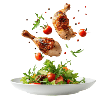 floated Healthy Chicken Dinner falling into a plate isolate on transparency background png