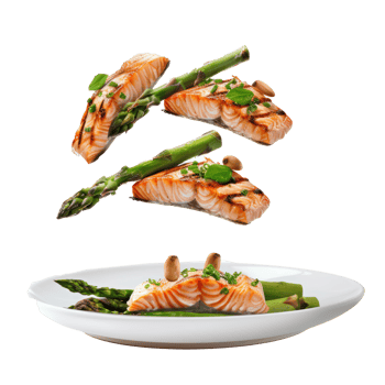floated grilled salmon and asparagus falling into a plate isolate on transparency background png