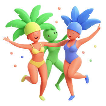 Three 3D Characters Wearing Swimsuits and Hats Celebrating png