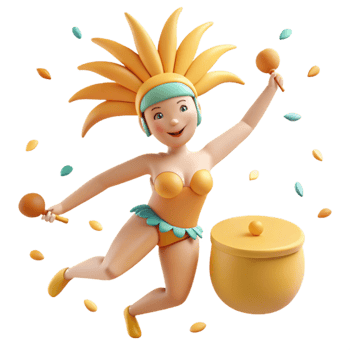Cheerful Cartoon Character in Festive Attire with Maracas and Drum png