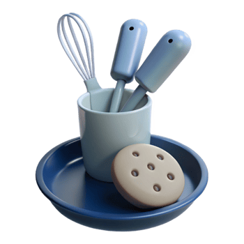 3D Rendered Kitchen Utensils and Cookie on Blue Plate png