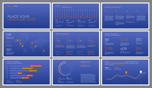 Presentation templates on a blue background with orange elements. infographics. Use in Presentation, flyer and leaflet, corporate report, marketing, advertising, annual report, banner. vector