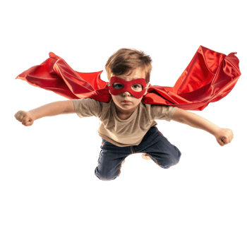 Little boy flying with superhero red cape and mask isolate on transparency background png