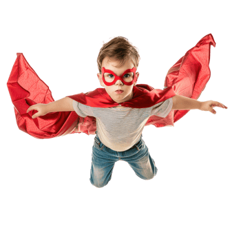 Little boy flying with superhero red cape and mask isolate on transparency background png