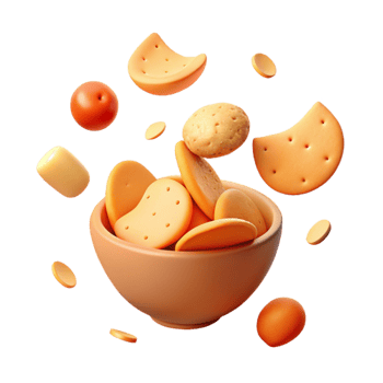 3D Rendered Bowl of Crackers with Flying Snacks png