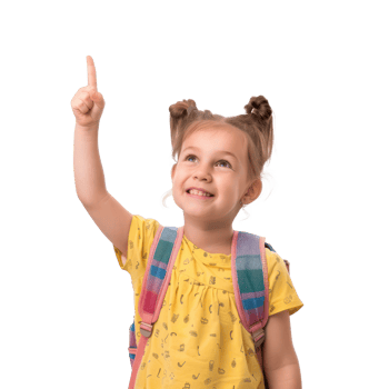 little girl with school backpack smiling with hand pointing up, standing isolate on transparency background png