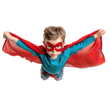 Little boy flying with superhero red cape and mask isolate on transparency background png