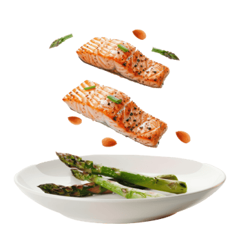 floated grilled salmon and asparagus falling into a plate isolate on transparency background png
