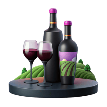 Wine Bottles and Glasses on a Table with Vineyard Background png