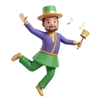 Joyful 3D Character with Bell, Dancing and Smiling png
