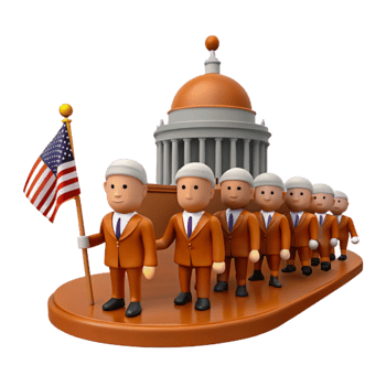 Group of Cartoon Figures in Suits Holding American Flag in Front of Building png