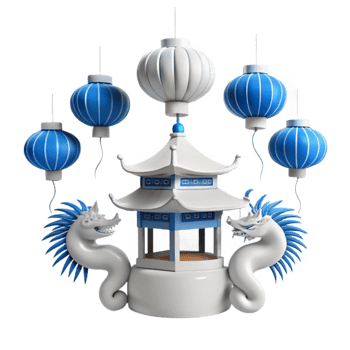 White Pagoda with Blue Lanterns and Dragon Statues png