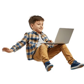 full body little boy laying in the air floating while using laptop isolate on transparency background png