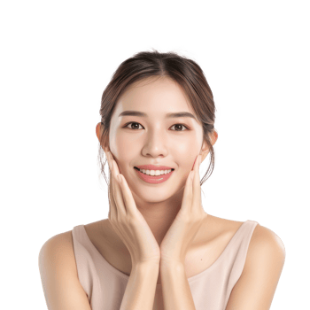 Beautiful woman with face care hand gesture front view isolate on transparency background png