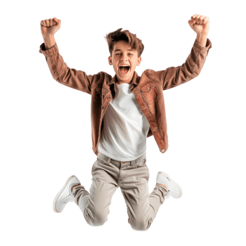 Floated overjoyed teen boy jumping and gesturing happiness isolate on transparency background png
