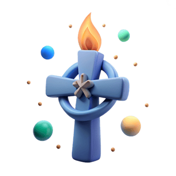 3D Render of a Blue Cross with a Burning Candle on Top png