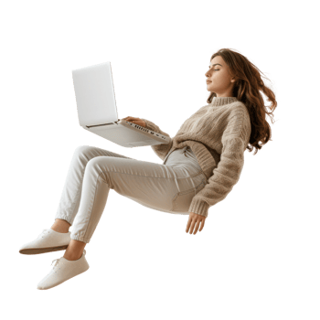 full body young woman laying in the air floating while using laptop isolate on transparency background png