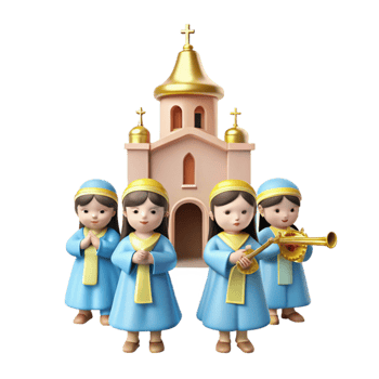 3D Illustration of Religious Figures in Front of a Church png