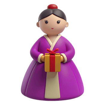 3D Illustration of a Woman in Traditional Korean Dress Holding a Gift png